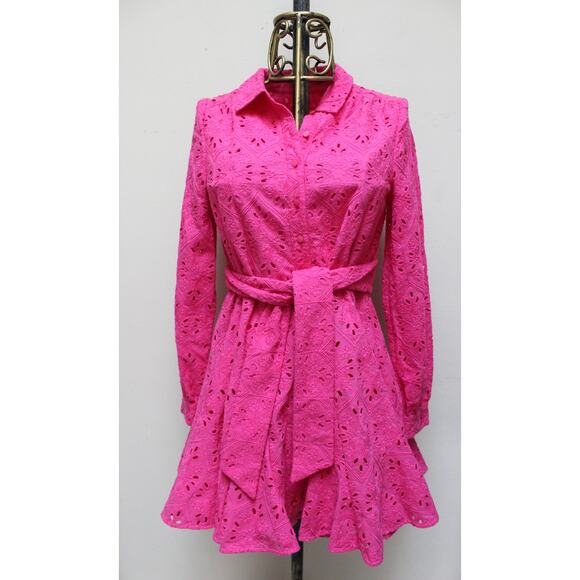 Sezane Pink Sol Swing Lace Crochet Button Down Mini Shirt Dress Size 34/US 2 - Picture 2 of 5